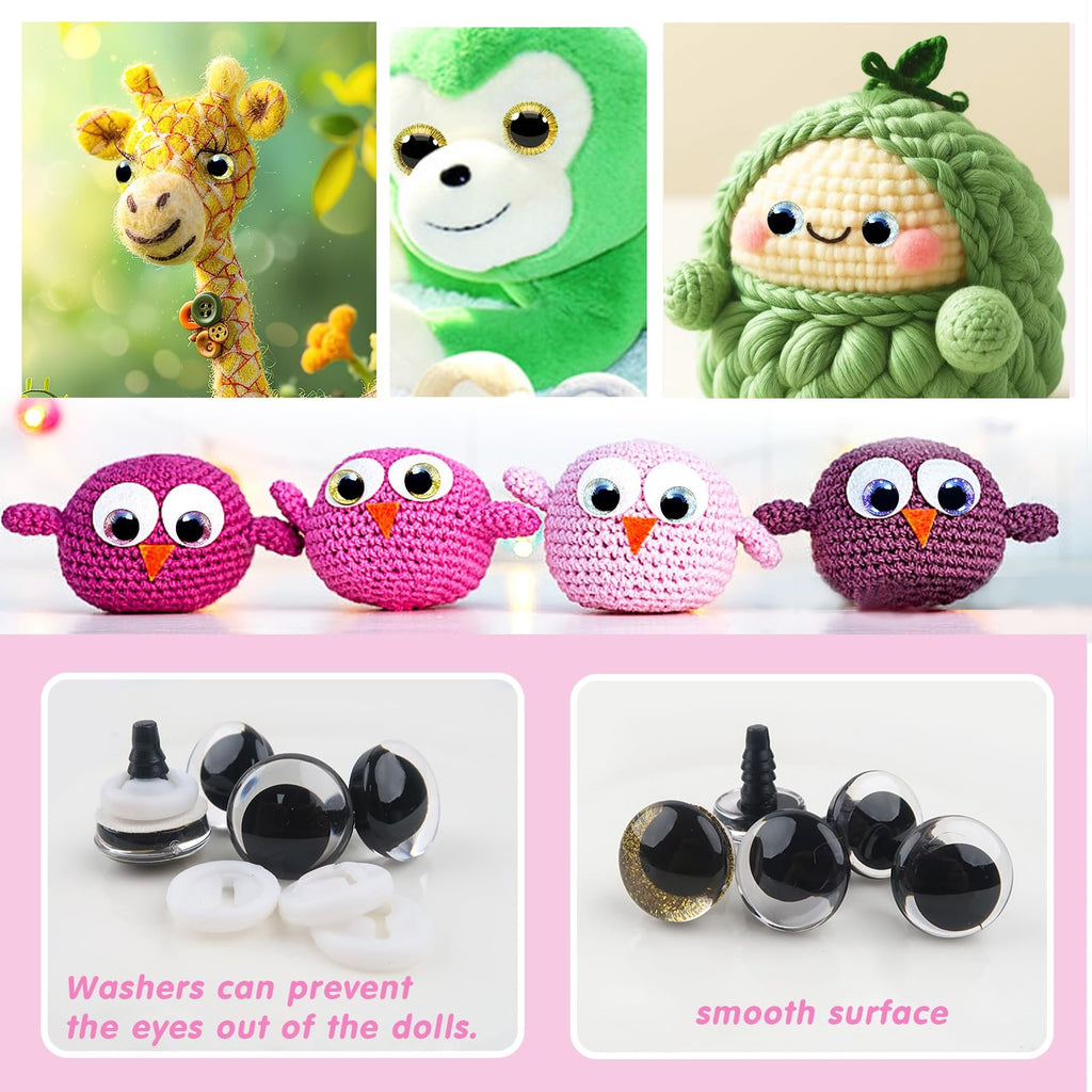 Assortment of glitter and plain safety eyes for crafts, with and without washers, shown on a pink background.