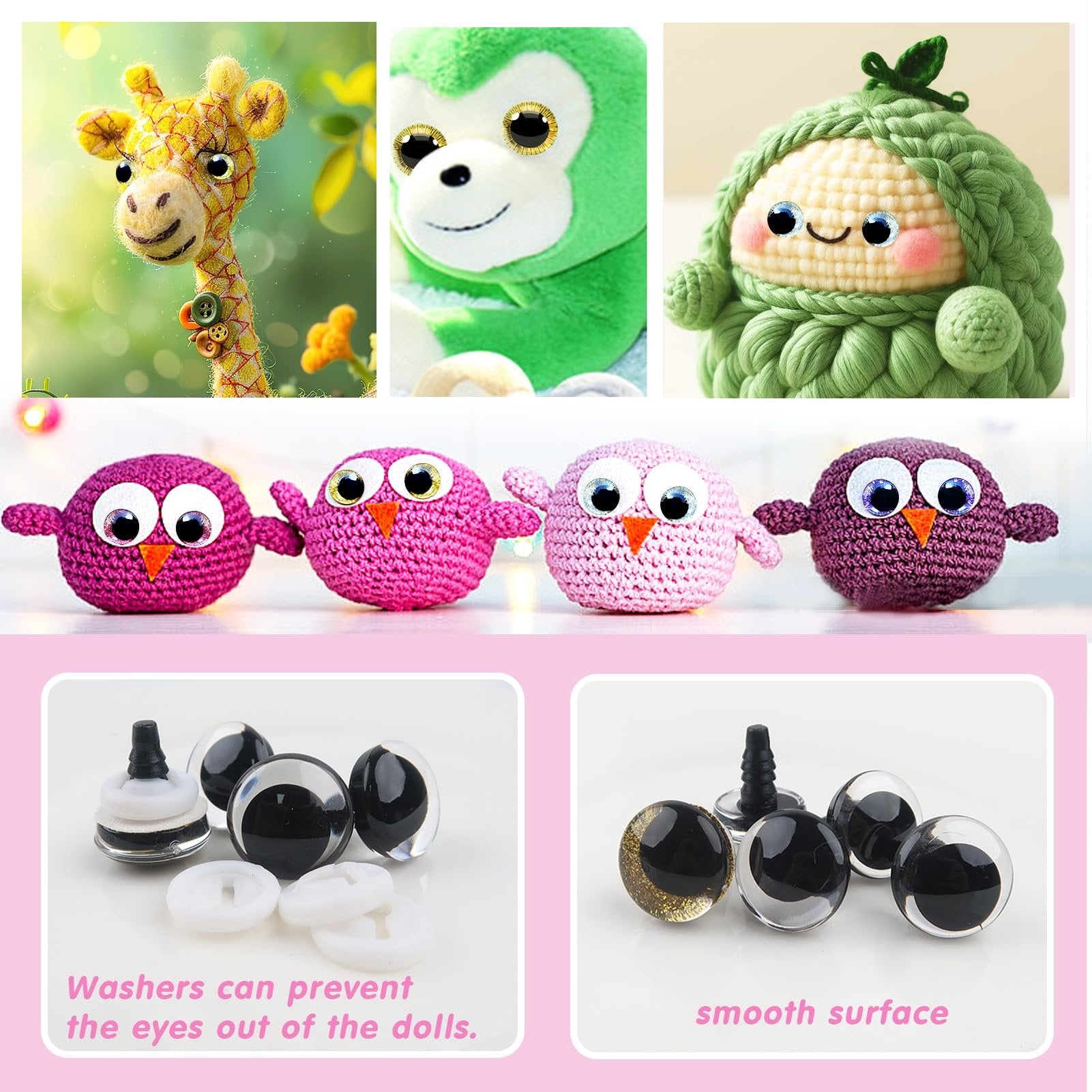 Assortment of glitter and plain safety eyes for crafts, with and without washers, shown on a pink background.