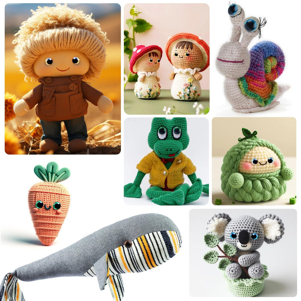 Collage of seven crocheted stuffed toys including a doll, two mushroom characters, a snail, a frog, a carrot, a whale, and a koala.