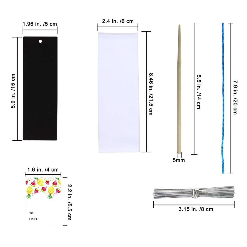 Set of rainbow scratch art bookmarks and craft supplies with dimensions labeled