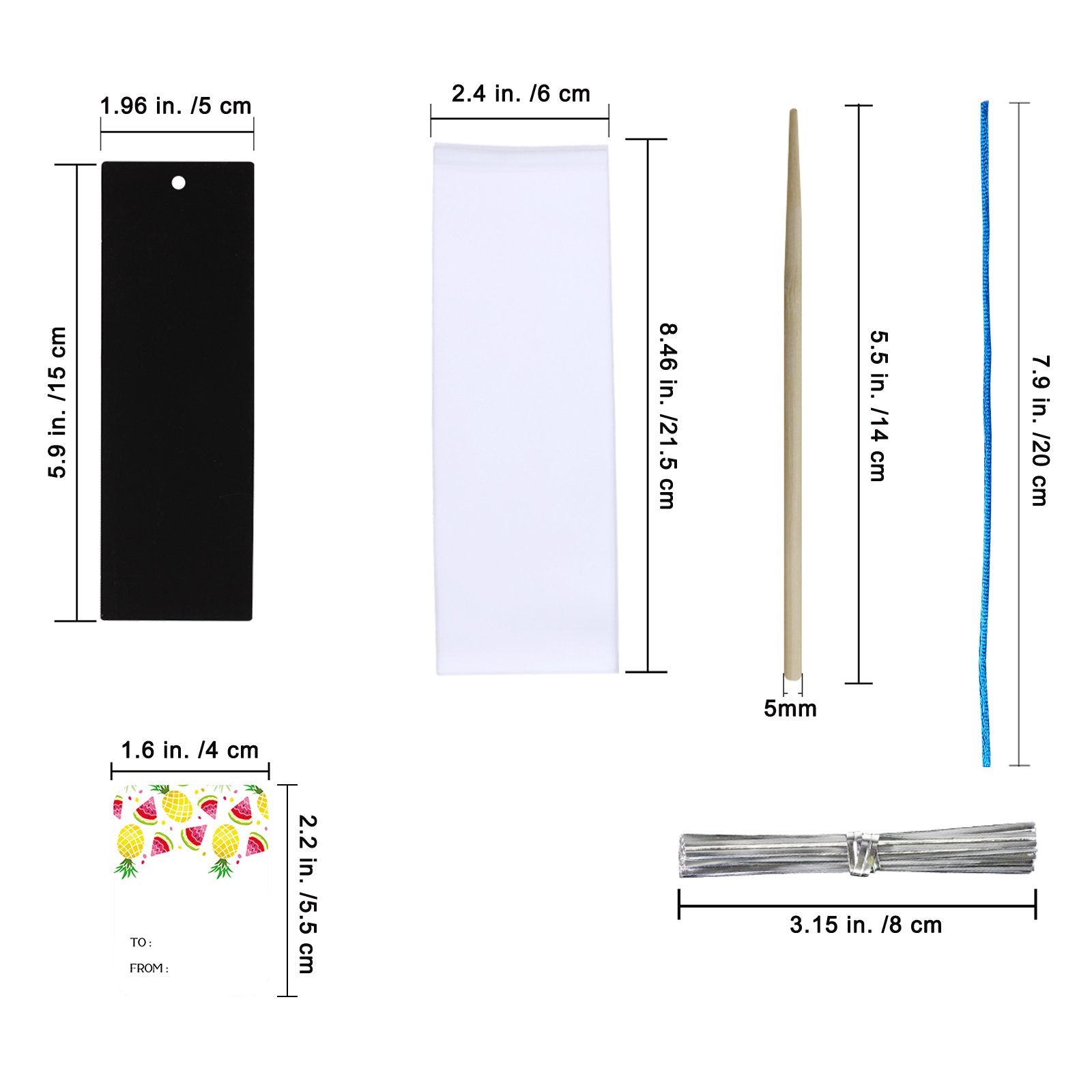 Set of rainbow scratch art bookmarks and craft supplies with dimensions labeled