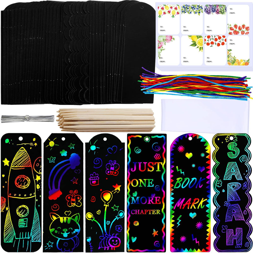 Rainbow scratch art bookmark craft kit contents including black bookmarks, colorful cords, wooden styluses, and gift tags.