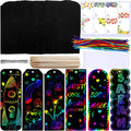 Rainbow scratch art bookmark craft kit contents including black bookmarks, colorful cords, wooden styluses, and gift tags.
