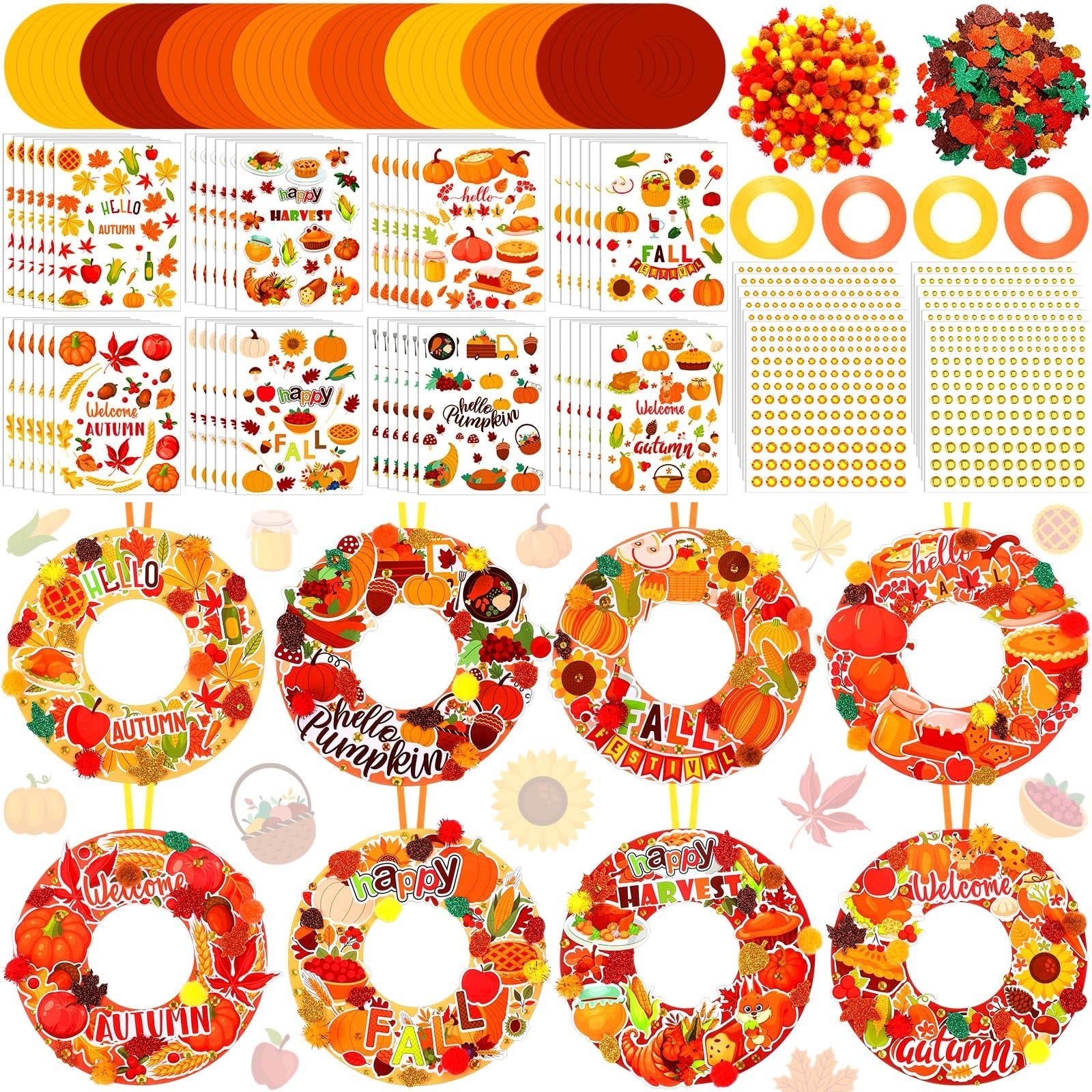 Autumn wreath craft kit components including cardboard circles, stickers, pom-poms, and ribbon, with four completed sample wreaths.
