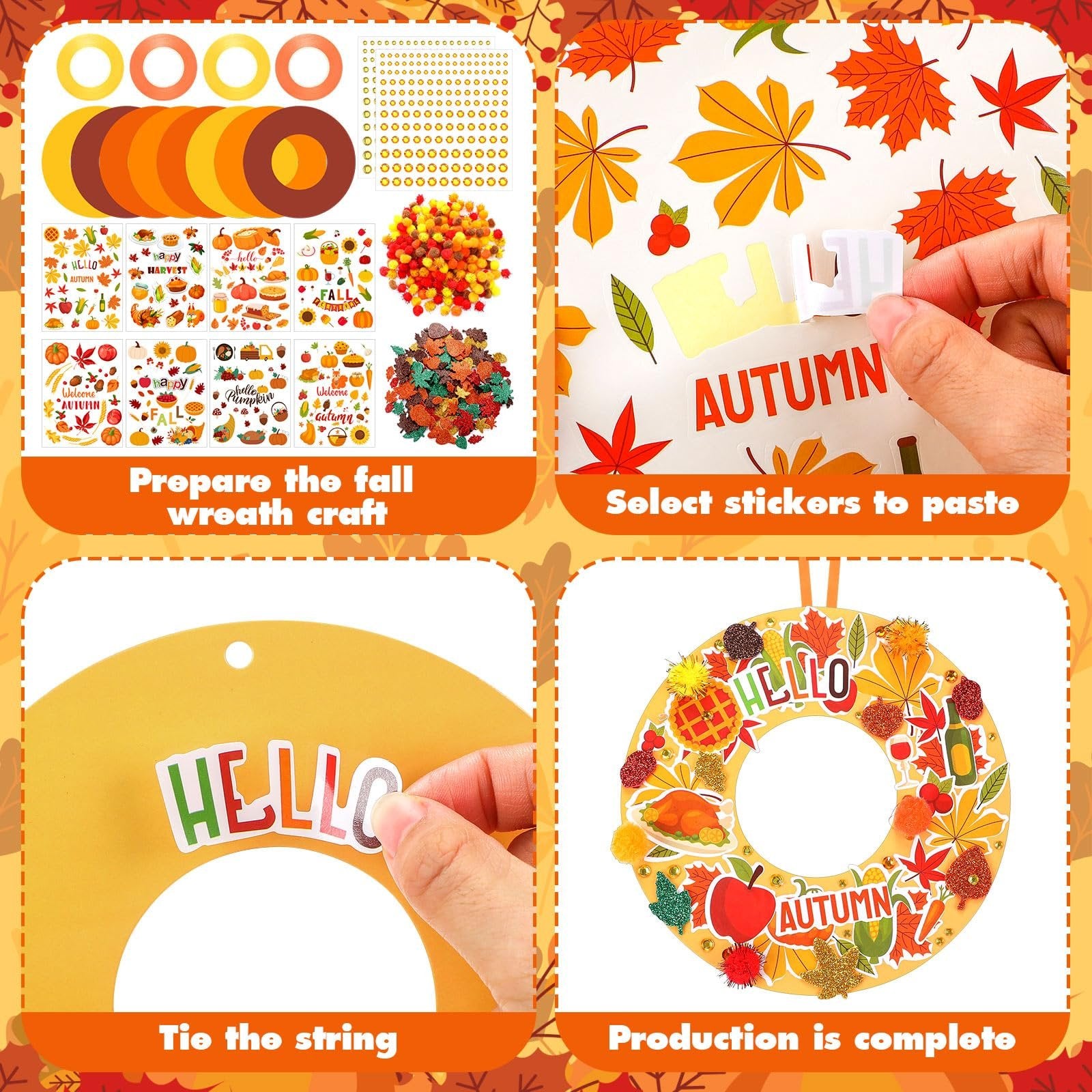 Collage showing steps to create an autumn wreath craft kit, including materials and finished product.