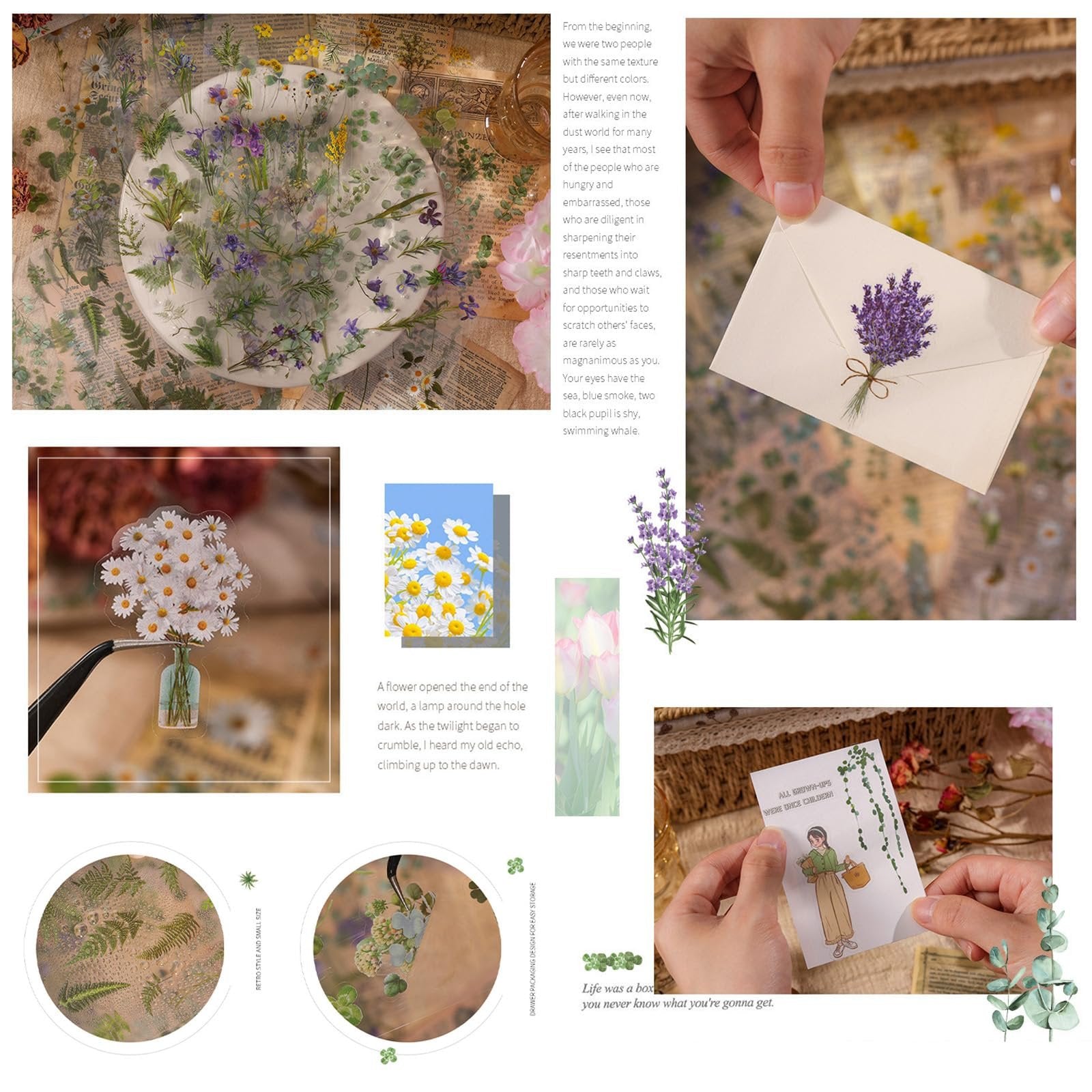 Collage of vintage botanical stickers featuring flowers and leaves, some applied to a plate and envelope.