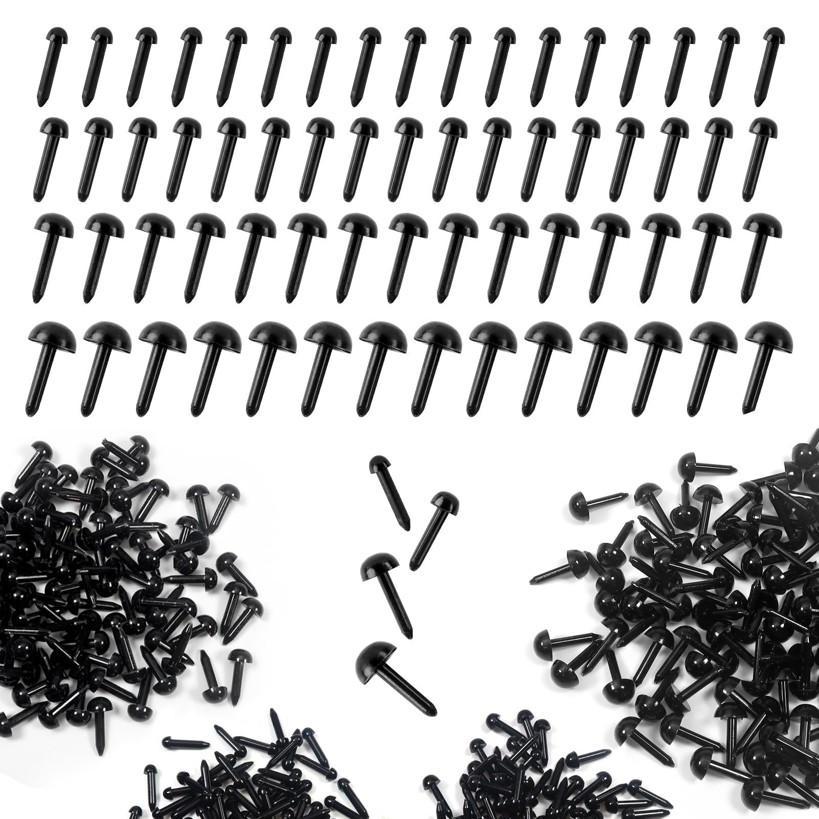 Black plastic craft eyes in various sizes scattered and arranged on a white background.