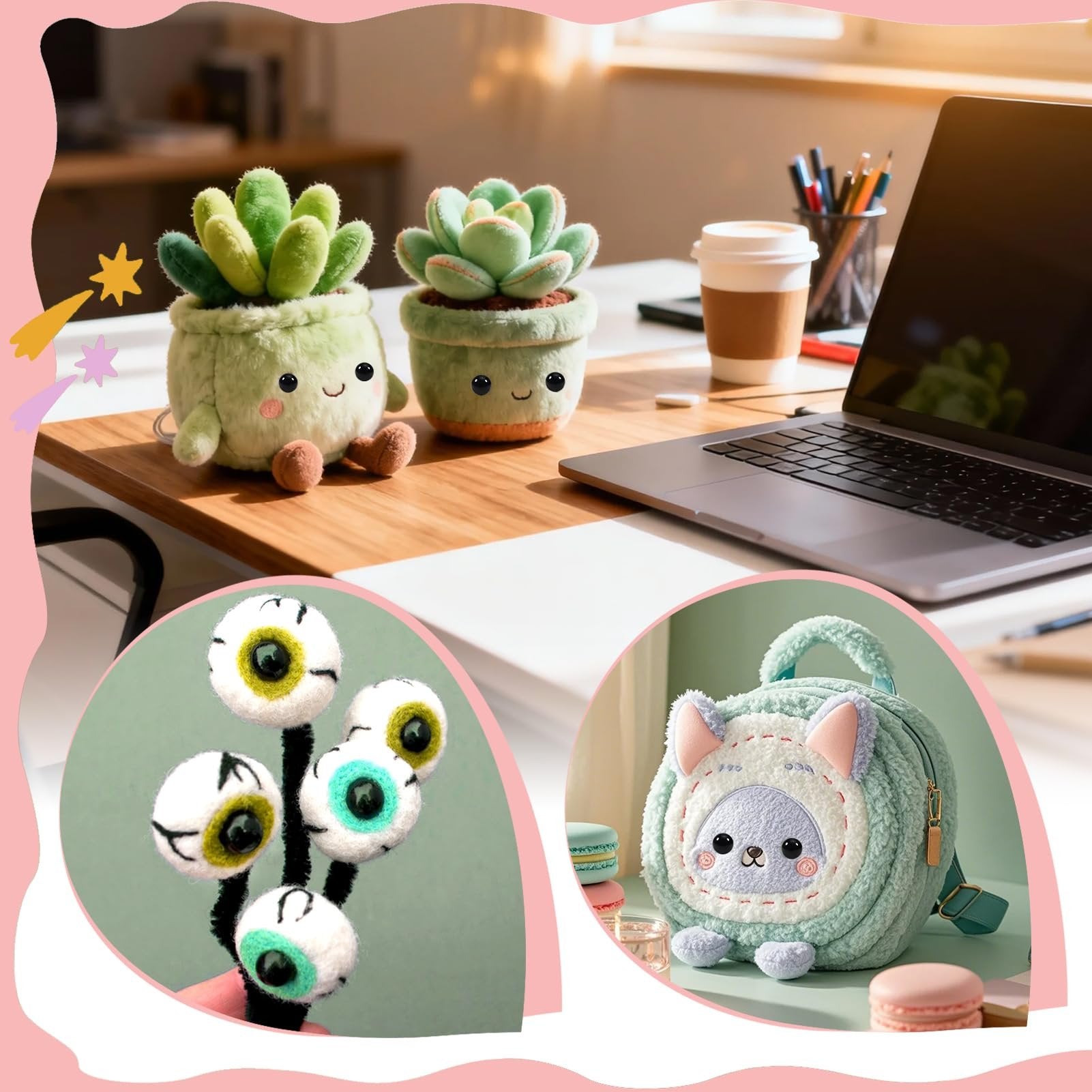 Collage of craft supplies: plush succulents on a desk, craft eyes on pipe cleaners, and a plush cat backpack.