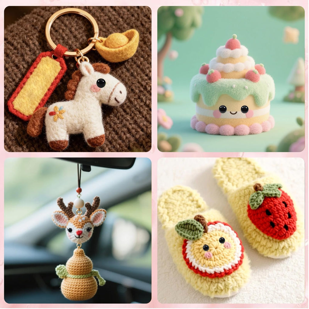 Collage of four crocheted crafts: a horse keychain, a cake decoration, a deer car charm, and a pair of strawberry and apple slippers.