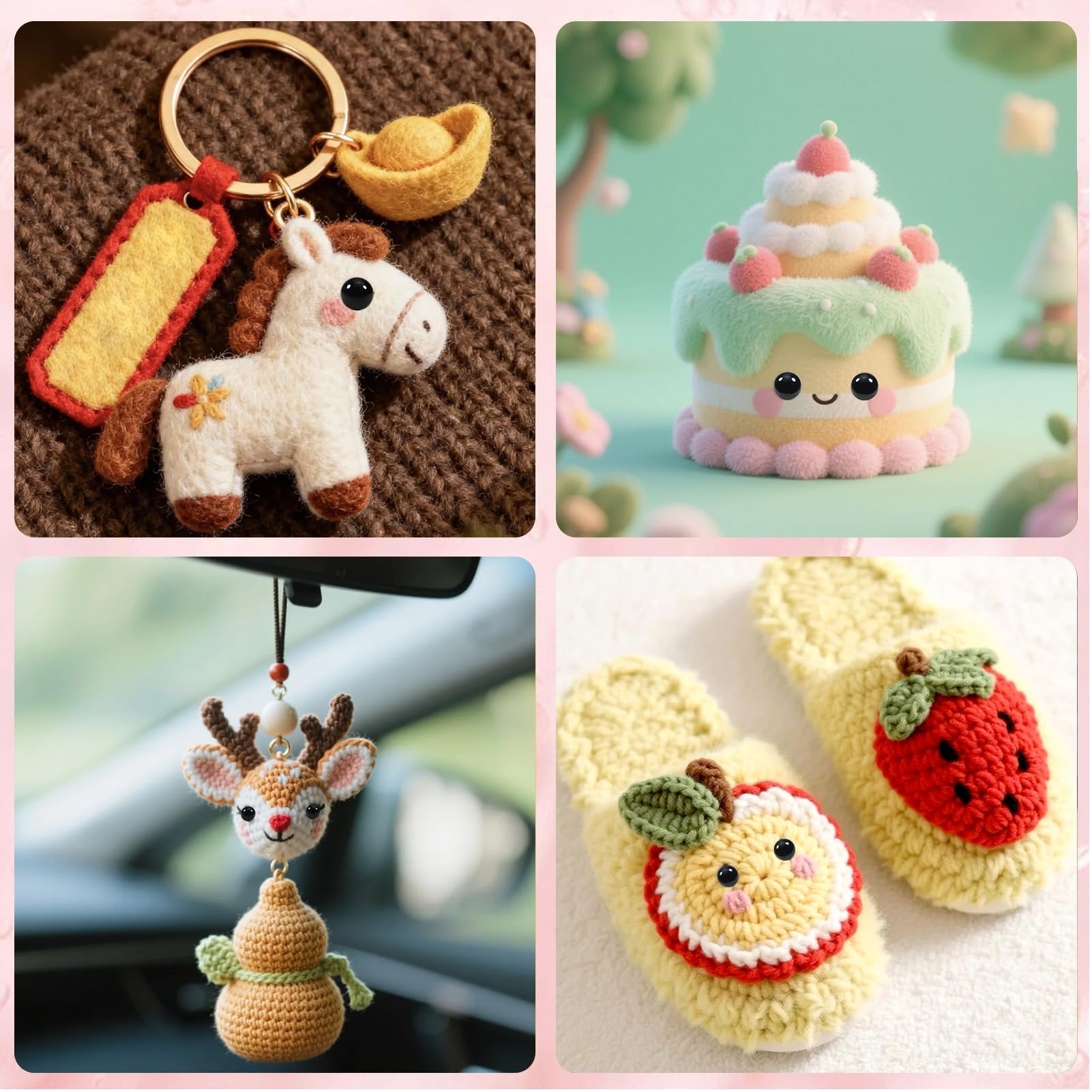 Collage of four crocheted crafts: a horse keychain, a cake decoration, a deer car charm, and a pair of strawberry and apple slippers.