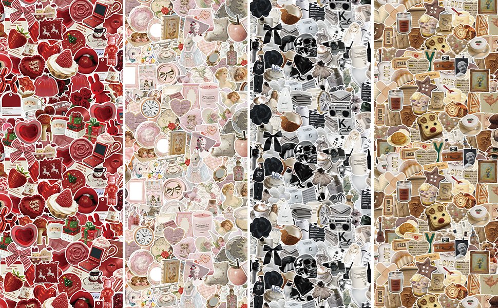Collage of four distinct sticker packs: red holiday theme, pink vintage aesthetic, black and white gothic theme, and brown vintage collage theme.