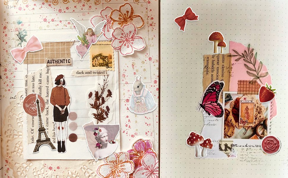 Collage of vintage aesthetic stickers including flowers, butterflies, mushrooms, bows, and a woman figure on a dotted background.