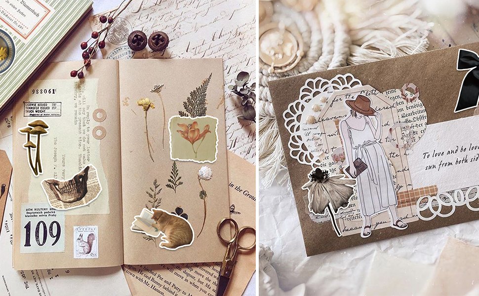 Collage of vintage aesthetic stickers applied to an open journal and an envelope, featuring floral, animal, and human illustrations.