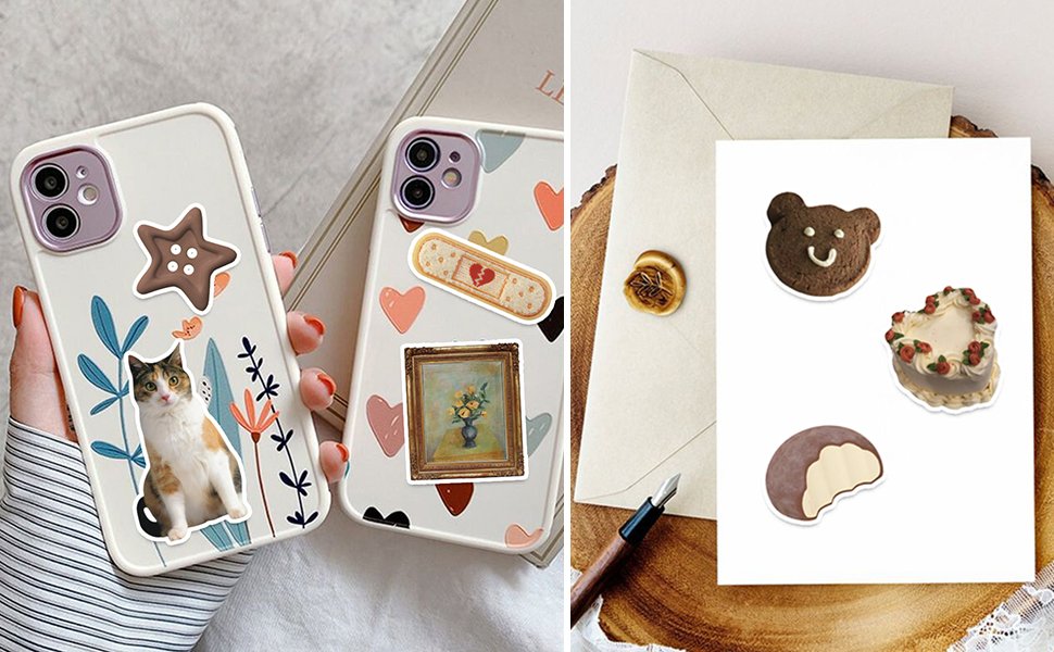Two phone cases and a card decorated with various vintage aesthetic stickers including a cat, a painting, and food items.