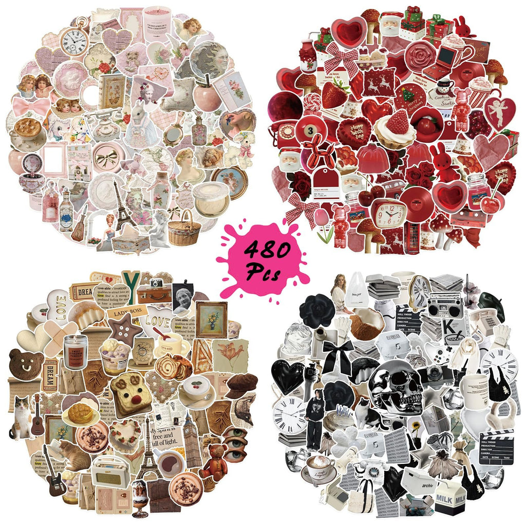 Four circular arrangements of vintage aesthetic vinyl stickers featuring various themes like cherubs, hearts, strawberries, teddy bears, and Parisian landmarks.