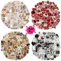 Four circular arrangements of vintage aesthetic vinyl stickers featuring various themes like cherubs, hearts, strawberries, teddy bears, and Parisian landmarks.