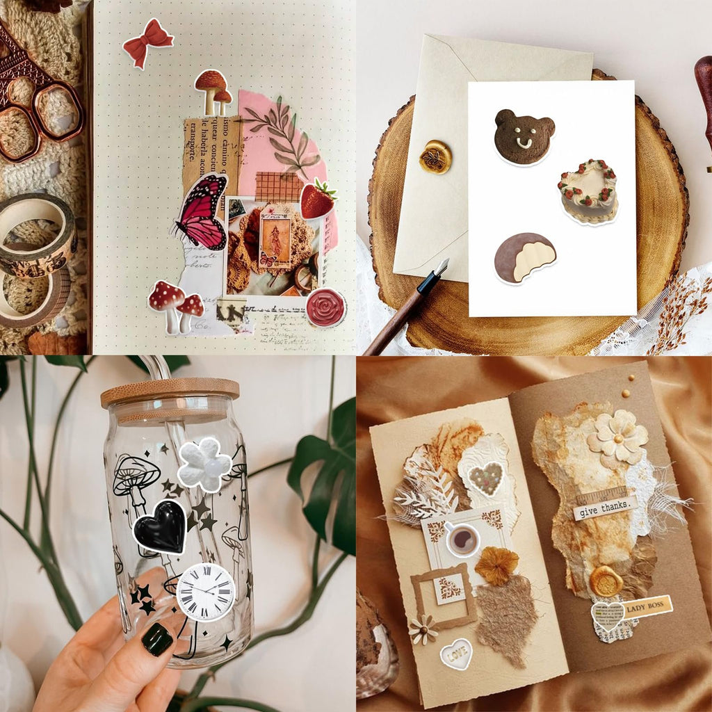 Collage of vintage aesthetic stickers applied to various items like a journal, envelope, glass, and cards.