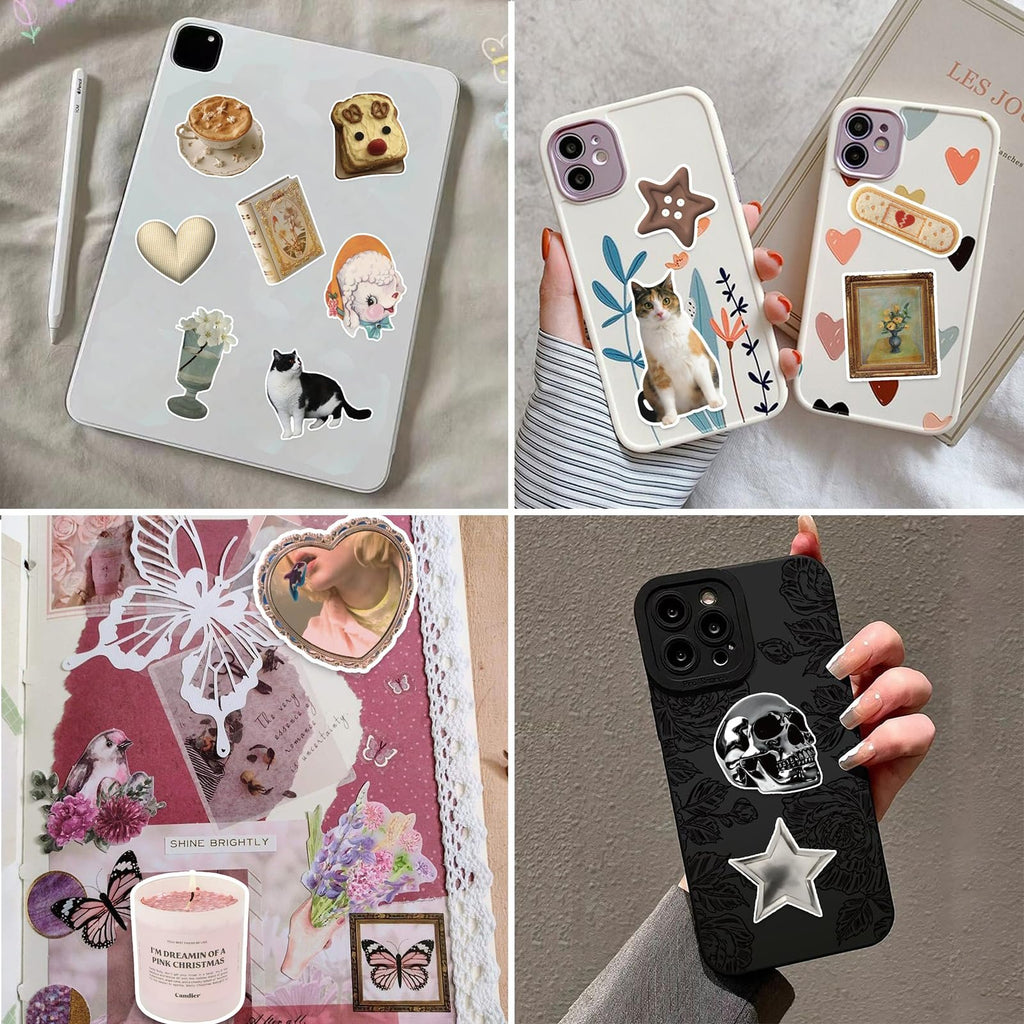 Collage of lifestyle images showing vintage aesthetic vinyl stickers applied to a tablet, phone cases, and a journal.