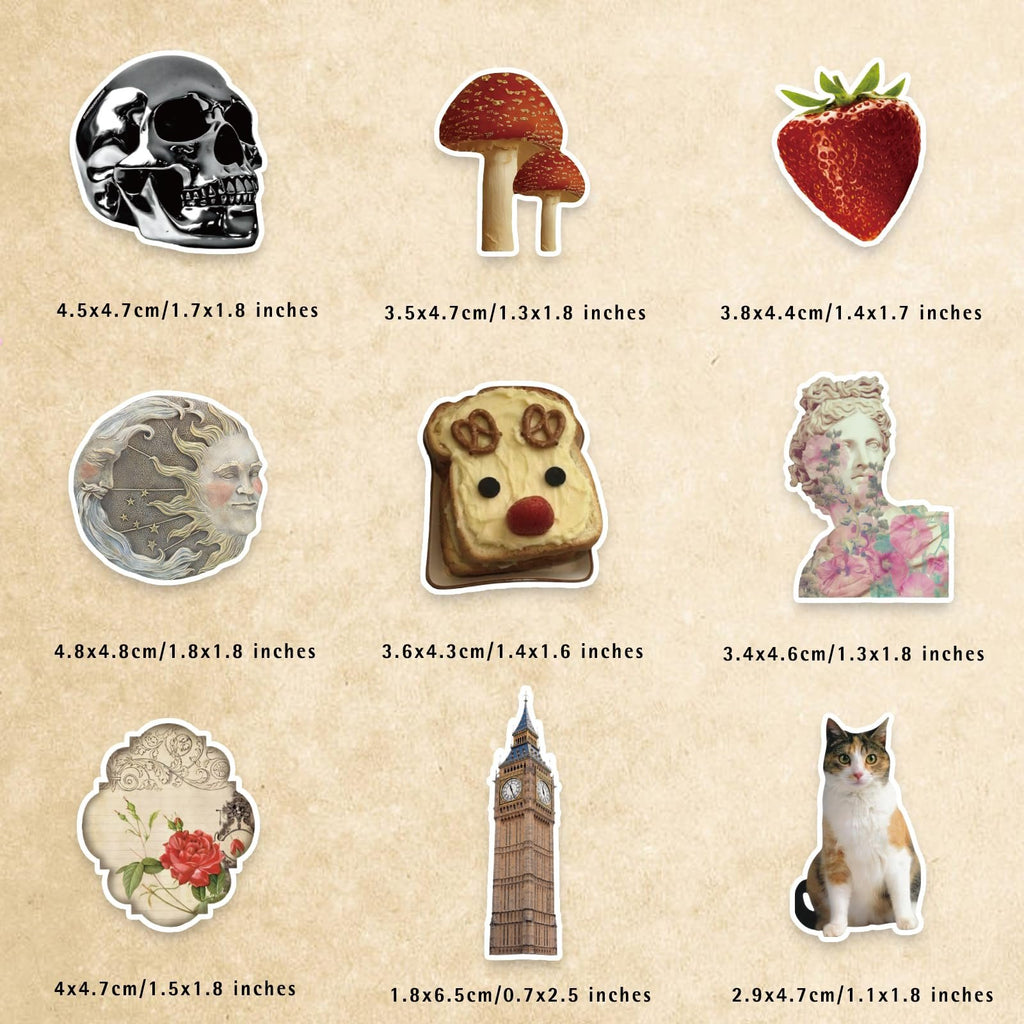Collage of nine vintage aesthetic vinyl stickers including a skull, mushrooms, strawberry, moon face, decorated toast, statue, rose, Big Ben, and a cat.