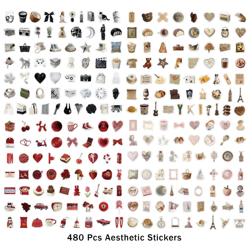 Collage of 480 vintage aesthetic stickers featuring various designs like objects, animals, and patterns.