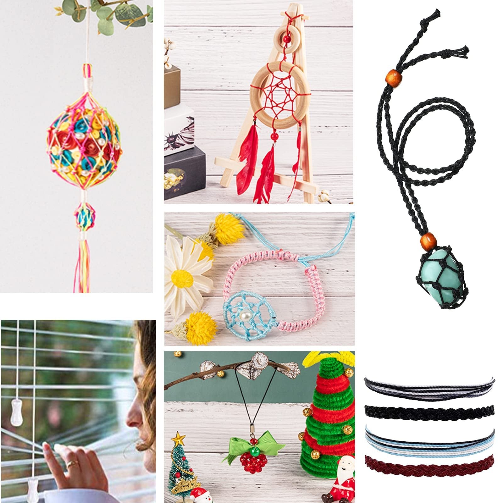 Collage of macrame crafts including a hanging ornament, dreamcatcher, necklace, bracelets, and Christmas decorations.