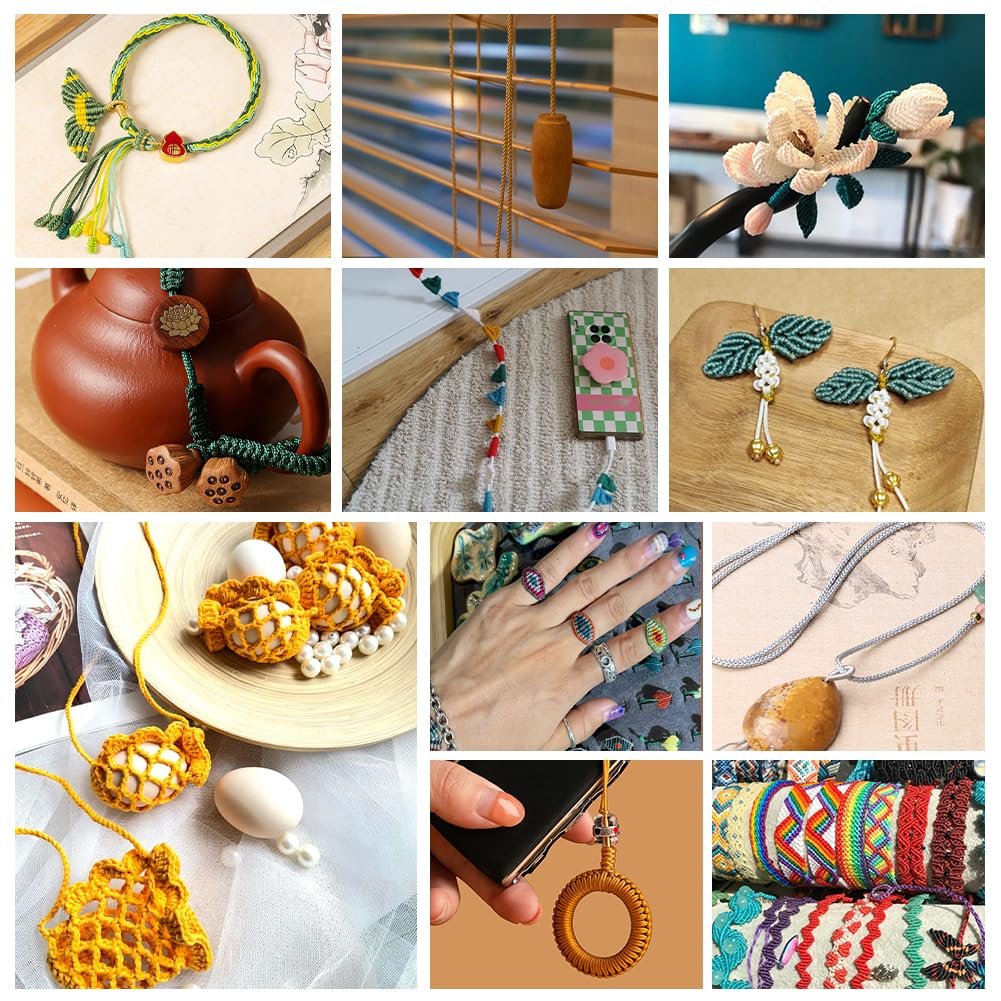 Collage of crafts made with colorful cords, including bracelets, earrings, and decorative items.