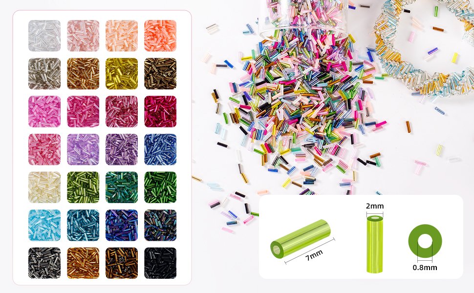 Assortment of 7mm glass tube beads in 28 colors for DIY jewelry making, shown with size dimensions.