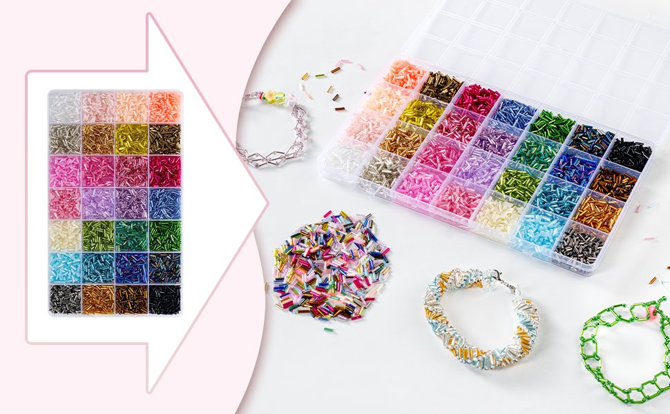 Assortment of 7mm glass tube beads in 28 colors, organized in a clear plastic case, with finished jewelry pieces.