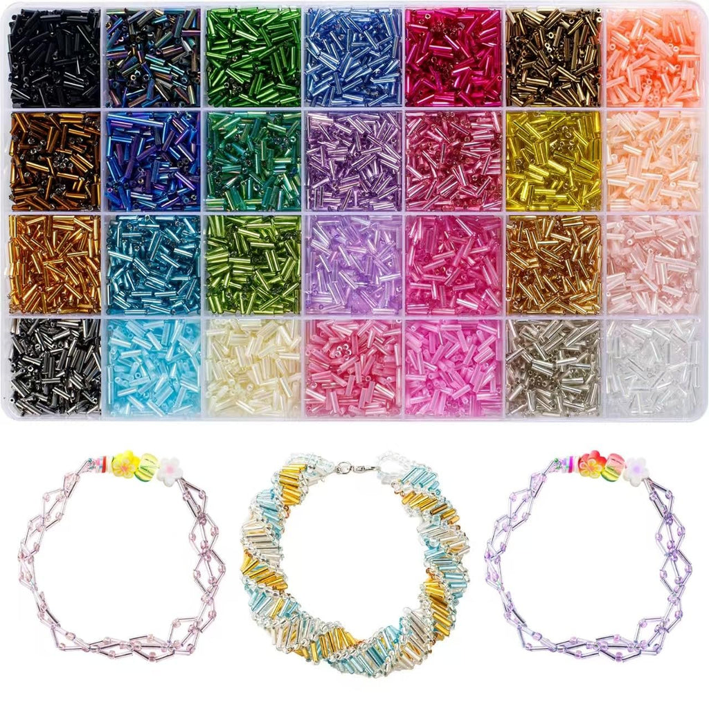 Assortment of 7mm glass tube beads in 28 colors, displayed in a compartmentalized case, with three finished bracelets below.