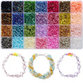 Assortment of 7mm glass tube beads in 28 colors, displayed in a compartmentalized case, with three finished bracelets below.