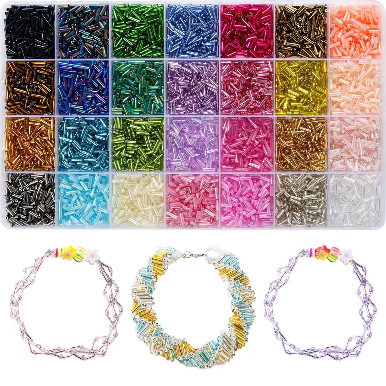 Assortment of 7mm glass tube beads in 28 colors, displayed in a compartmentalized case, with three finished bracelets below.