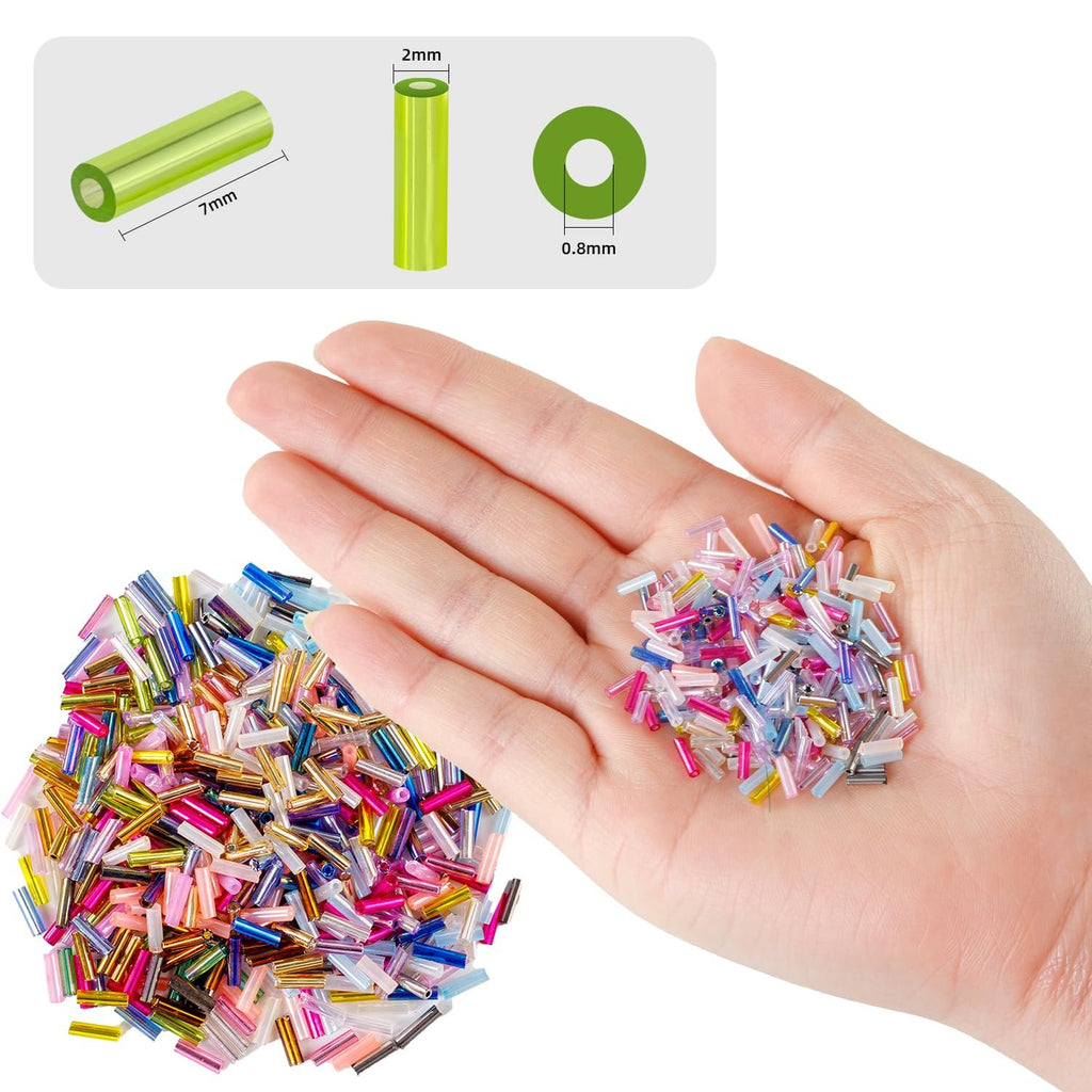 Hand holding colorful glass tube beads with size diagram showing 7mm length and 2mm width