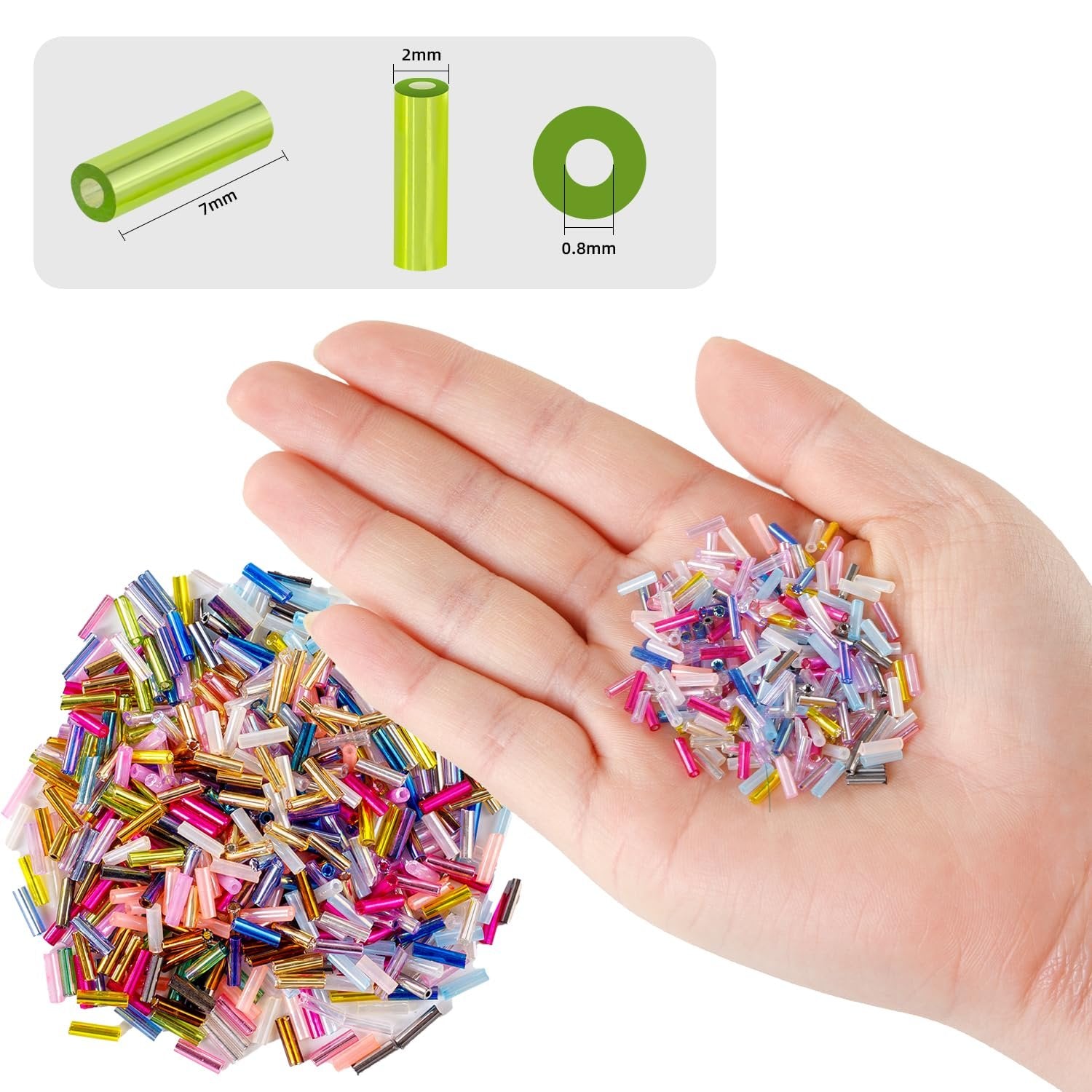 Hand holding colorful glass tube beads with size diagram showing 7mm length and 2mm width