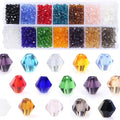 Assorted faceted bicone crystal glass beads in 14 colors displayed in a divided plastic case and individually.