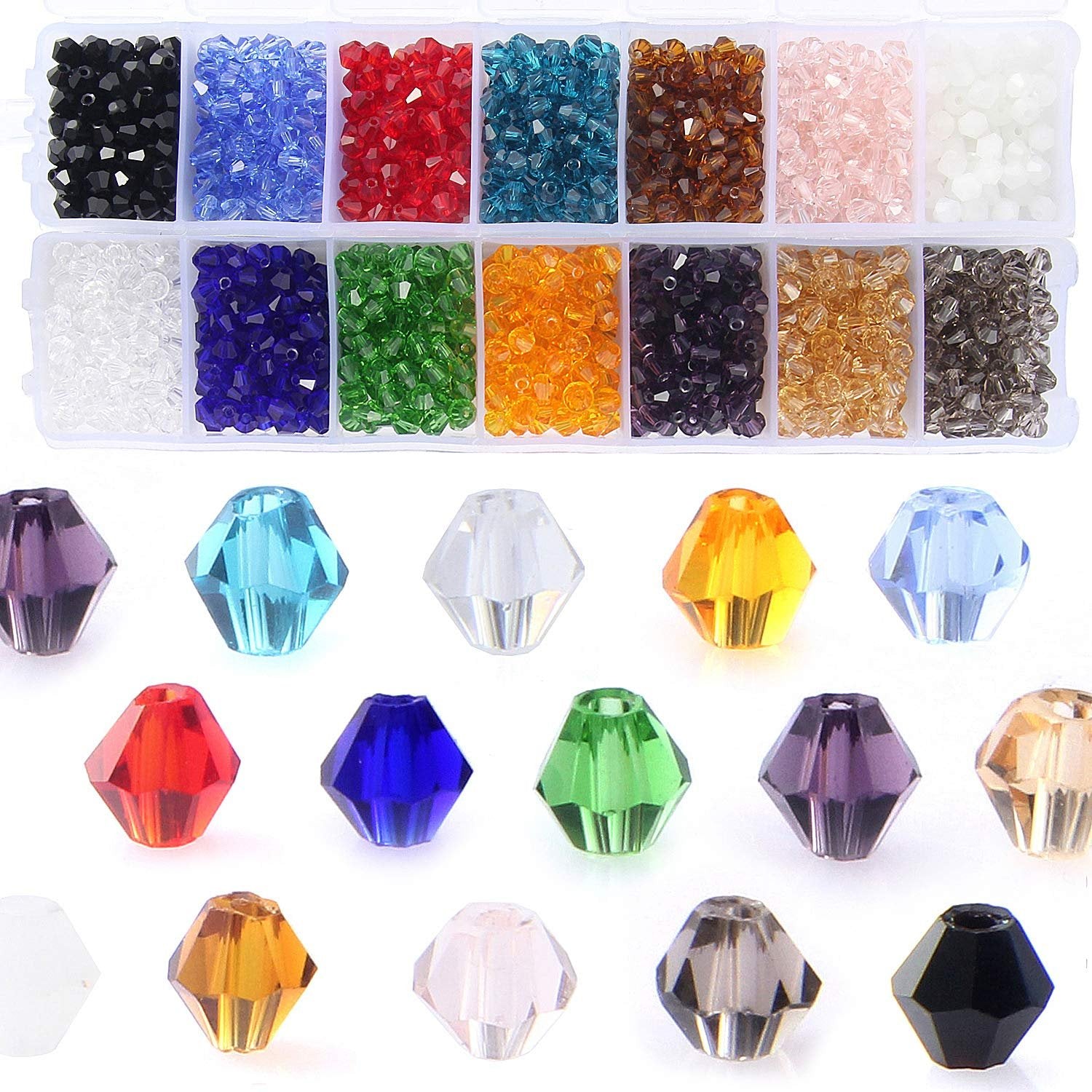Assorted faceted bicone crystal glass beads in 14 colors displayed in a divided plastic case and individually.