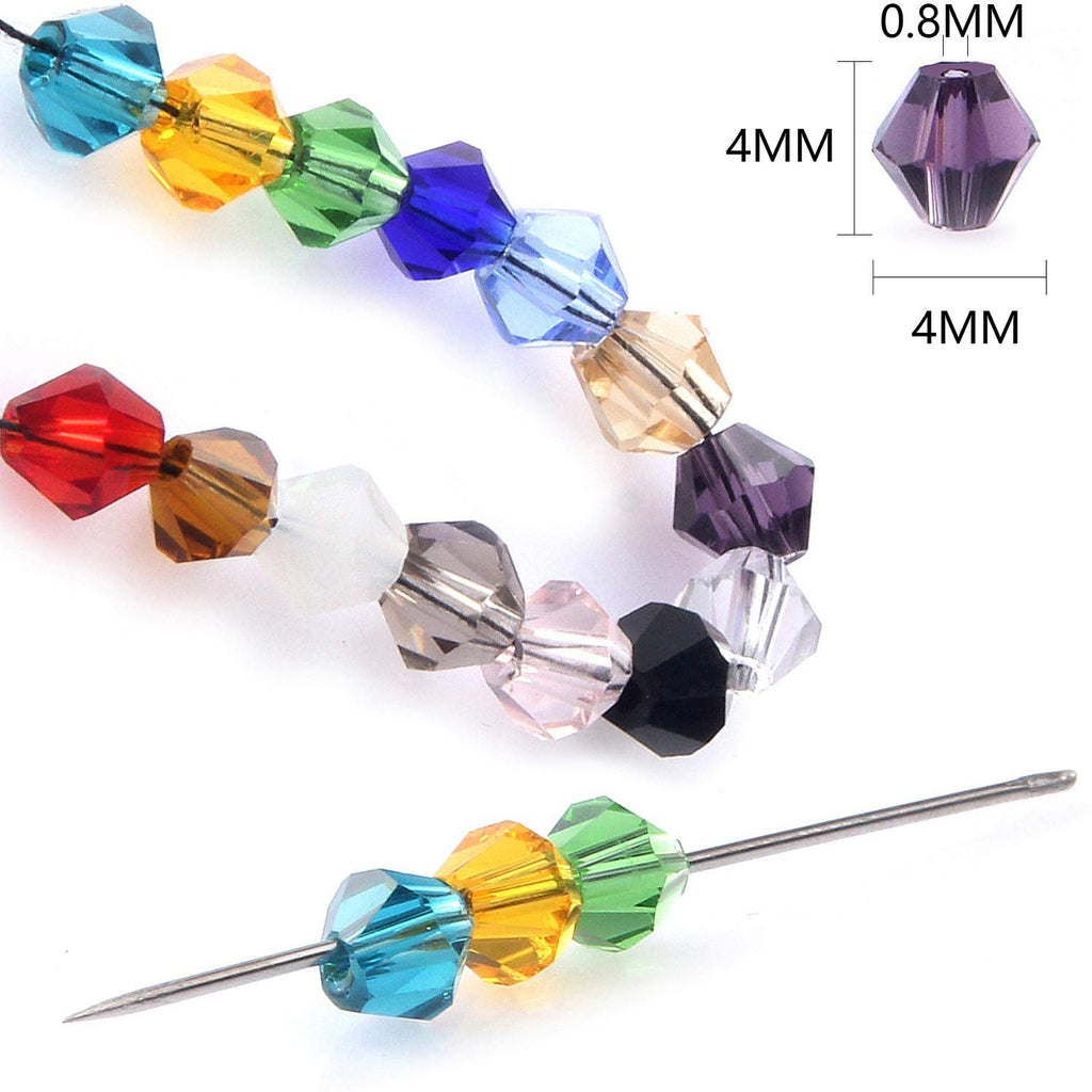 Assorted faceted bicone crystal glass beads on a string and needle, with size dimensions shown.