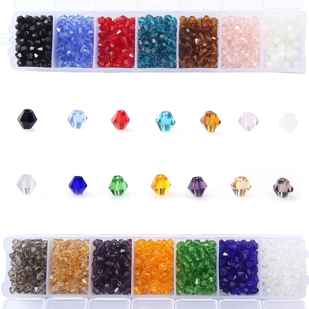 Assorted faceted bicone crystal glass beads in 14 colors, displayed in a segmented plastic case and individually.