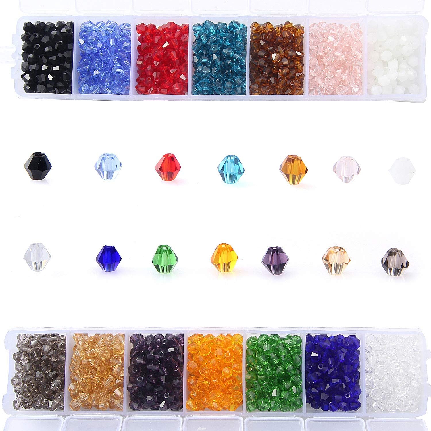 Assorted faceted bicone crystal glass beads in 14 colors, displayed in a segmented plastic case and individually.
