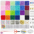 Jewelry making kit with 24 colors of seed beads, alphabet beads, charms, shells, elastic string, scissors, and tweezers.