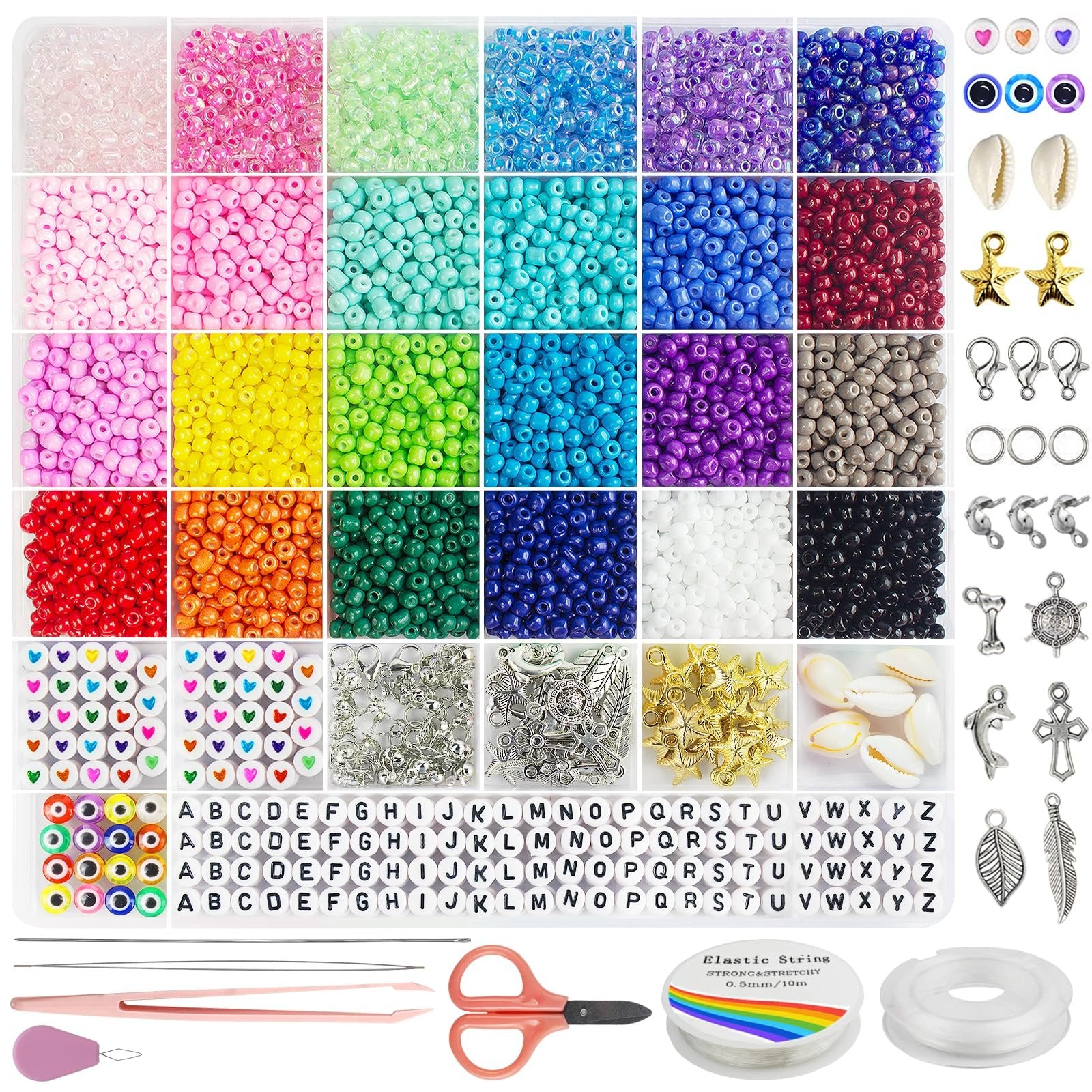 Jewelry making kit with 24 colors of seed beads, alphabet beads, charms, shells, elastic string, scissors, and tweezers.