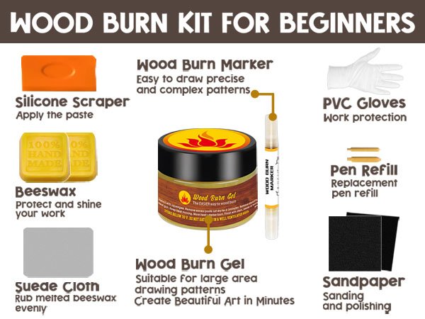 Wood burn kit for beginners showing all included accessories: silicone scraper, beeswax, suede cloth, wood burn marker, wood burn gel, PVC gloves, pen refill, and sandpaper.