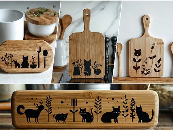 Collage of wooden kitchenware with black silhouette designs of cats, plants, and utensils.