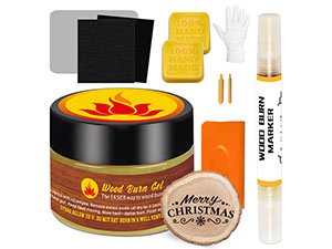 Wood burning paste kit contents including gel, marker, gloves, sandpaper, and wood slice with Merry Christmas design.