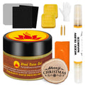 Wood burning paste kit contents including gel, marker, gloves, sandpaper, and wood slice.