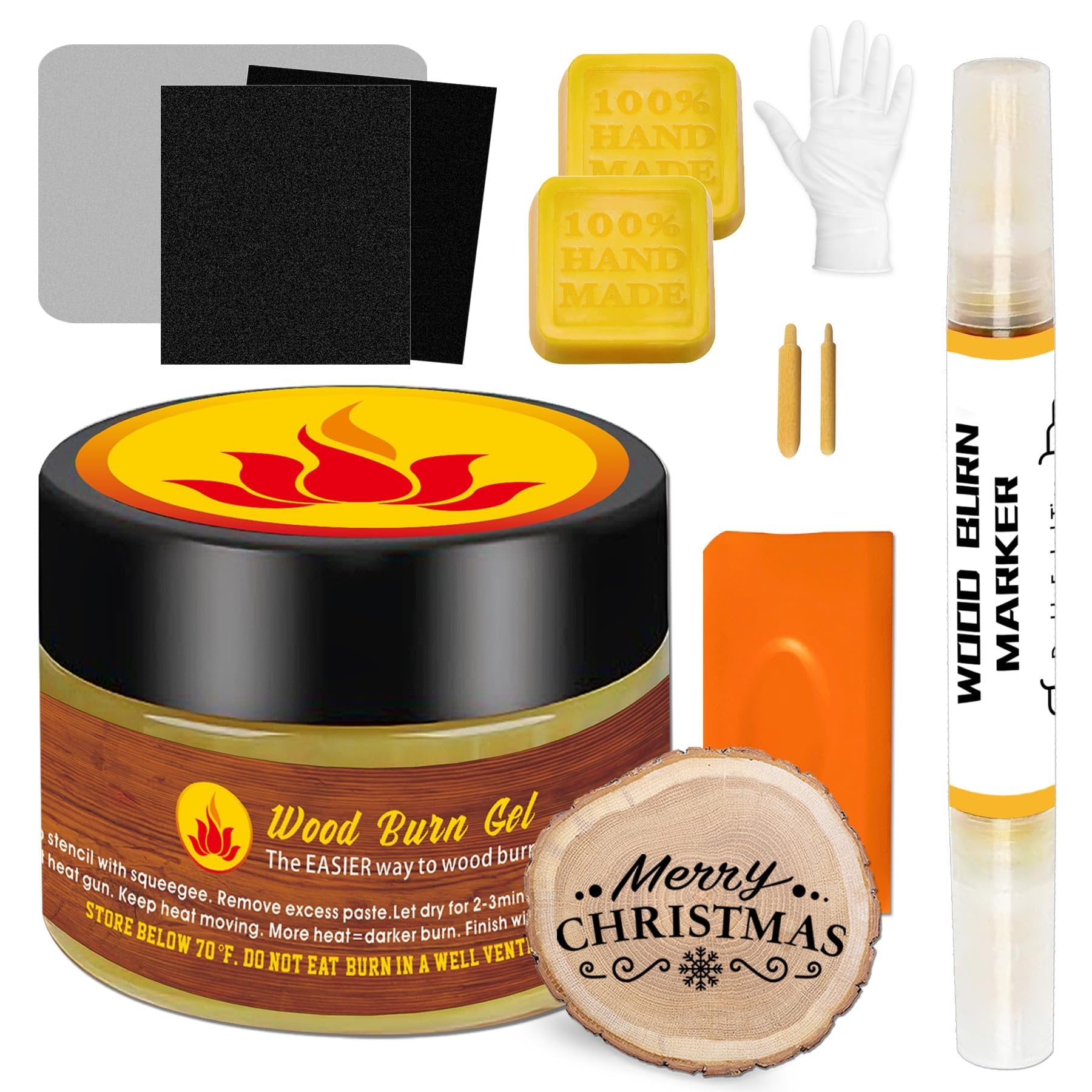 Wood burning paste kit contents including gel, marker, gloves, sandpaper, and wood slice.