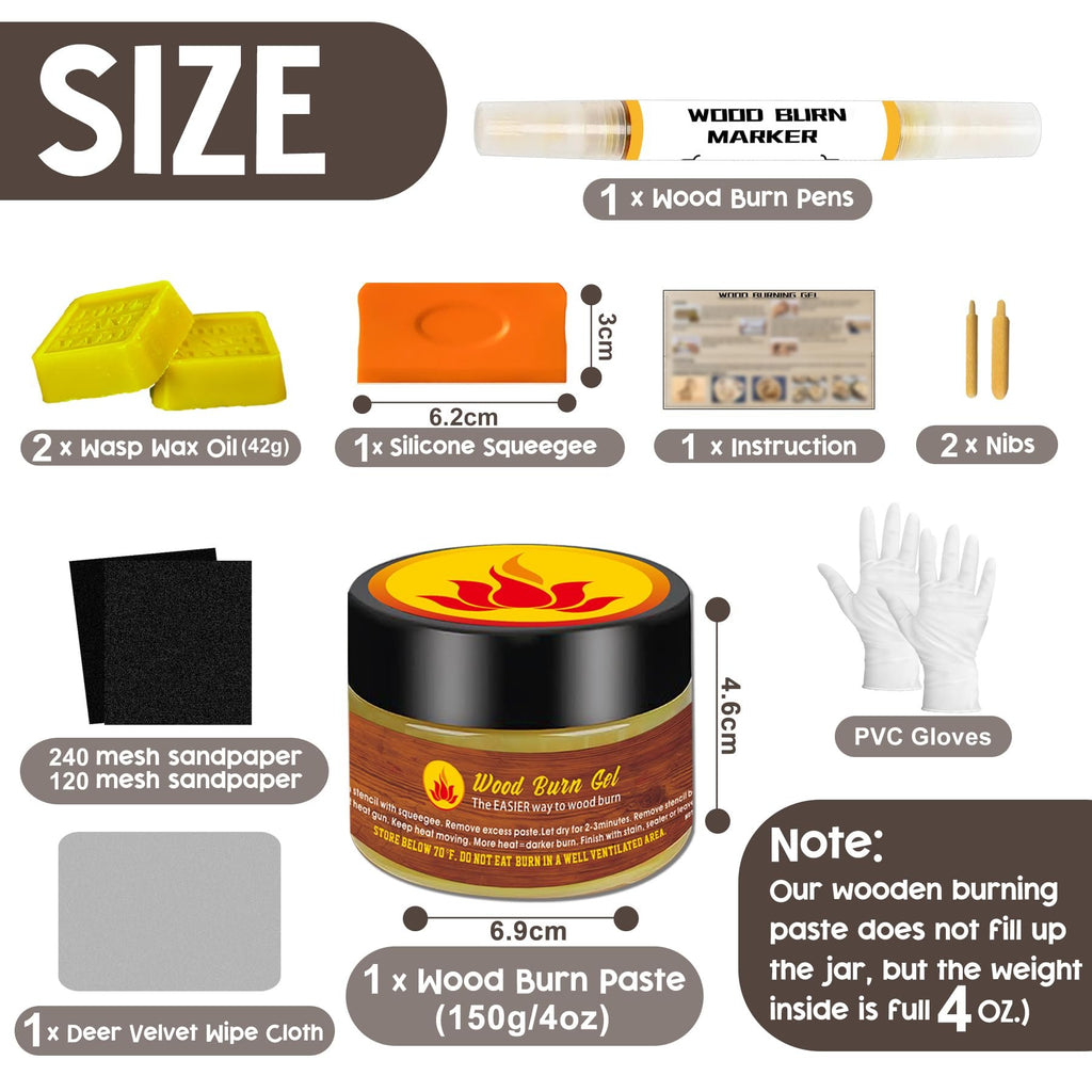 Wood burning paste kit contents including wood burn gel, marker, wax oil, squeegee, sandpaper, cloth, nibs, and gloves, with size dimensions shown.