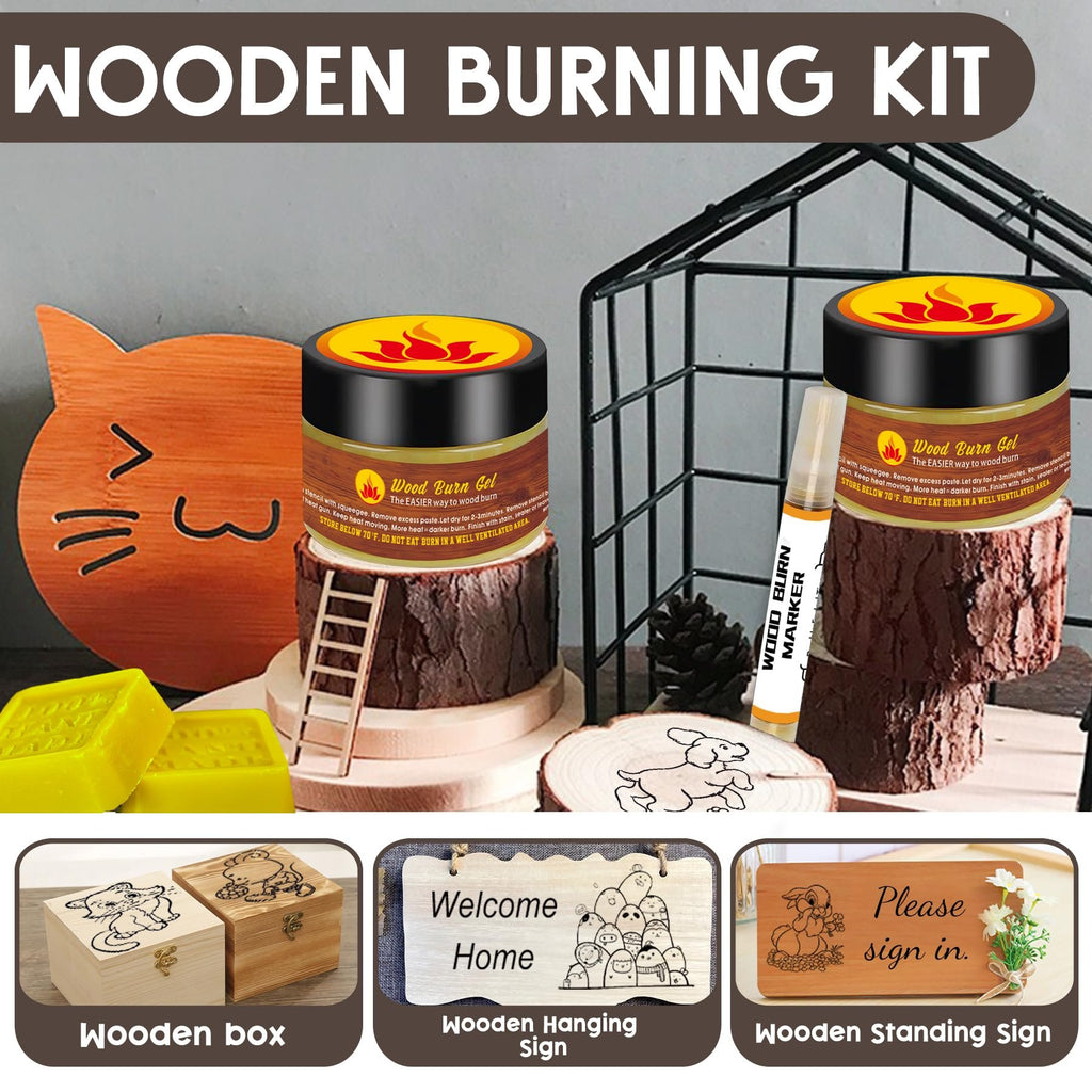 Wood burning kit with two jars of gel, a marker, and three wooden craft examples: a box, a hanging sign, and a standing sign.