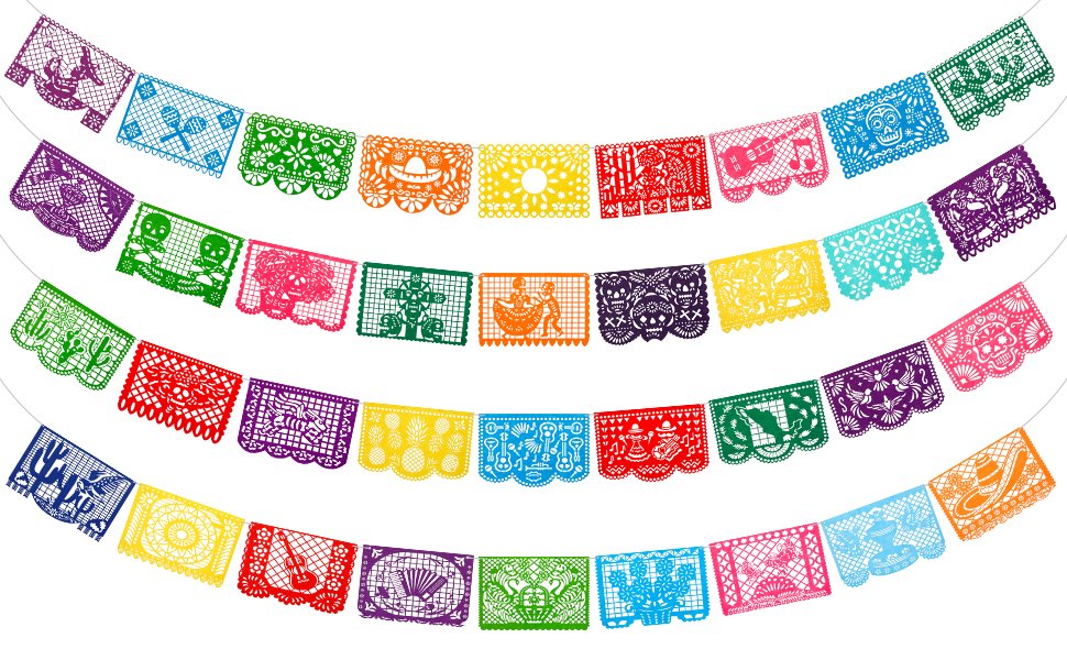Four rows of colorful papel picado banners with various Mexican folk art designs, including skulls, dancers, and musical instruments.