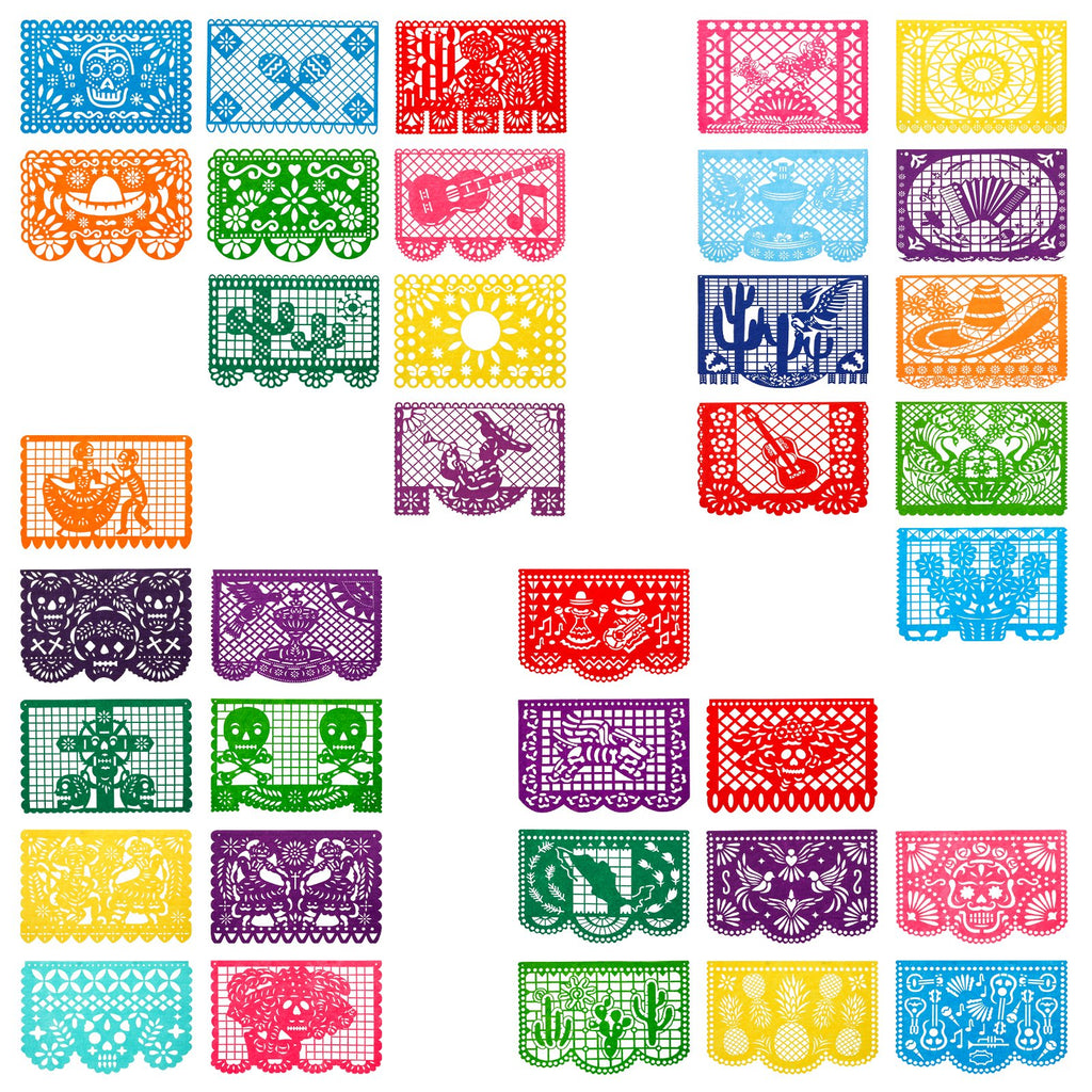 Collection of colorful papel picado banners with various Mexican folk art designs, including skulls, dancers, and musical instruments.