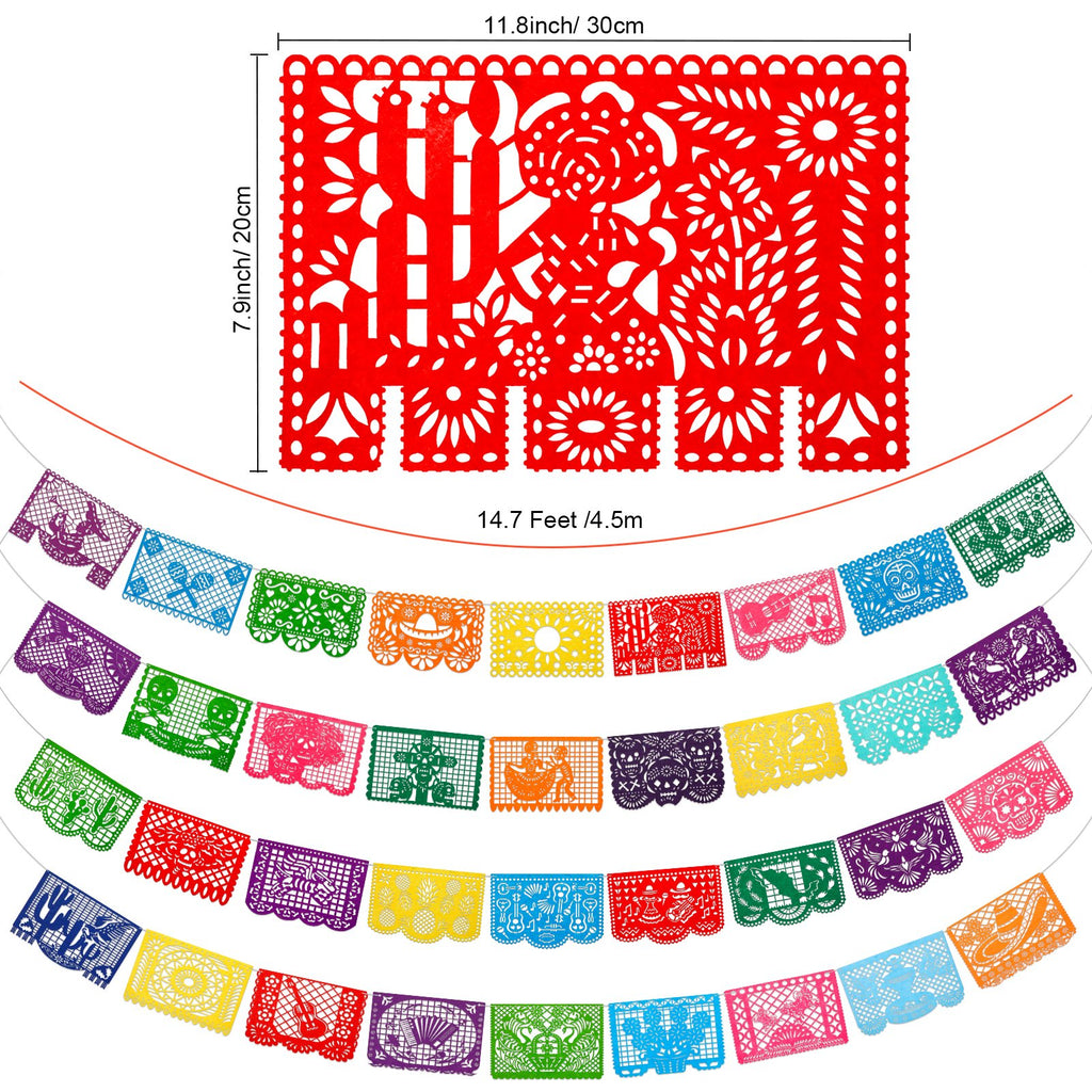 Red papel picado banner with dimensions and multiple colorful papel picado banners below